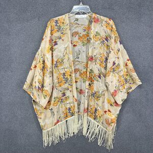 Bishop + Young Kimono Cardigan Womens Medium Large Beige Floral Fringe Sheer